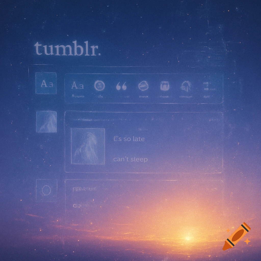 A faded, ethereal Tumblr dashboard interface floats over a futuristic horizon where a golden dawn breaks, with text entries dissolving into light particles.
