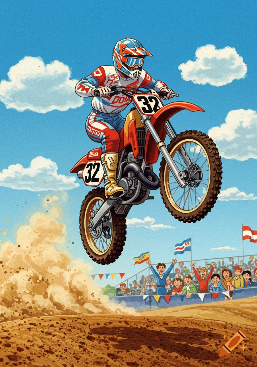 An 80s cartoon style illustration of a motocross racer on a dirt bike jumping over a mound of dirt, with spectators and flags in the background.