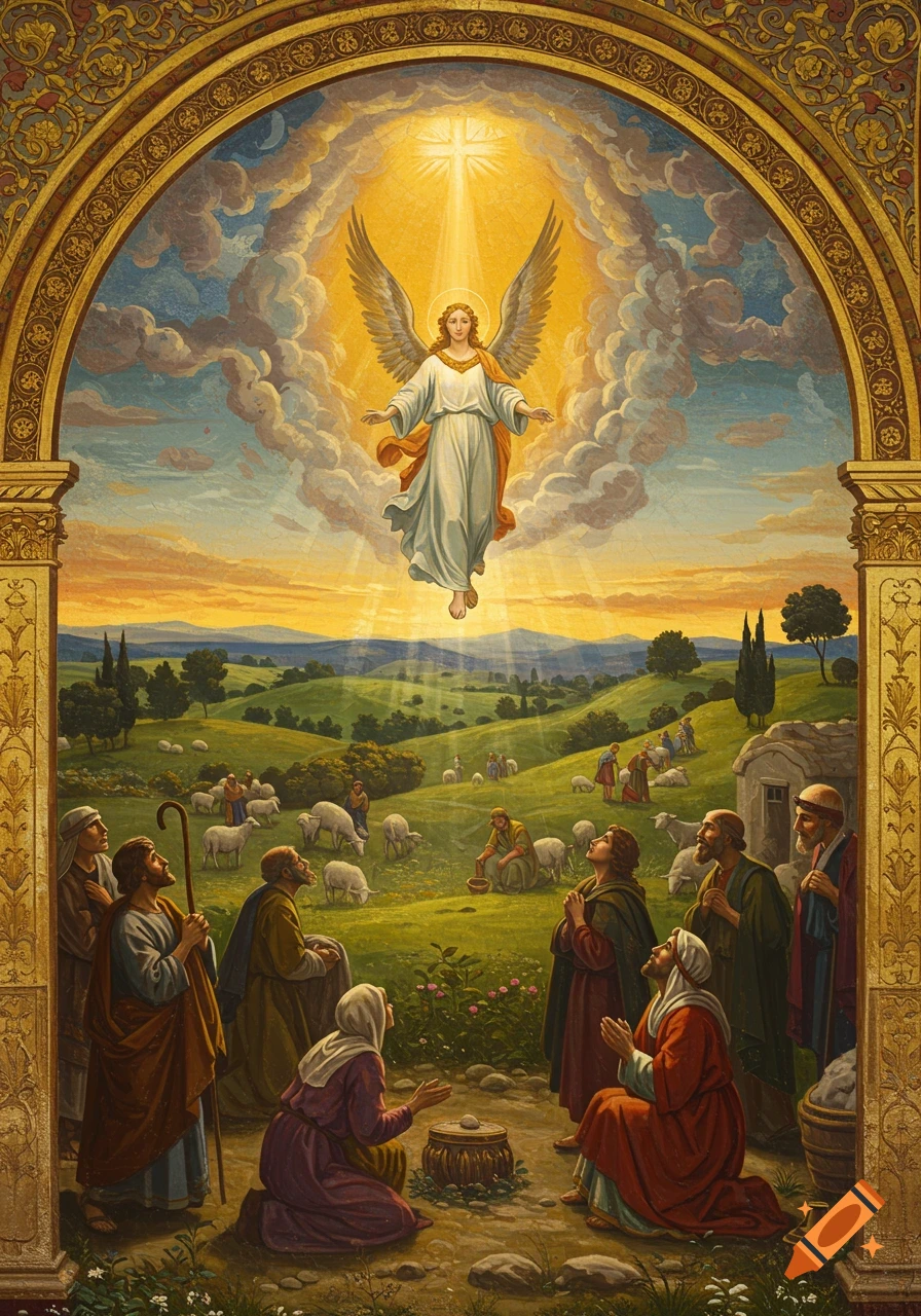 Classical painting of an angel descending in golden light to shepherds and sheep in a pastoral landscape, framed by an ornate arch.