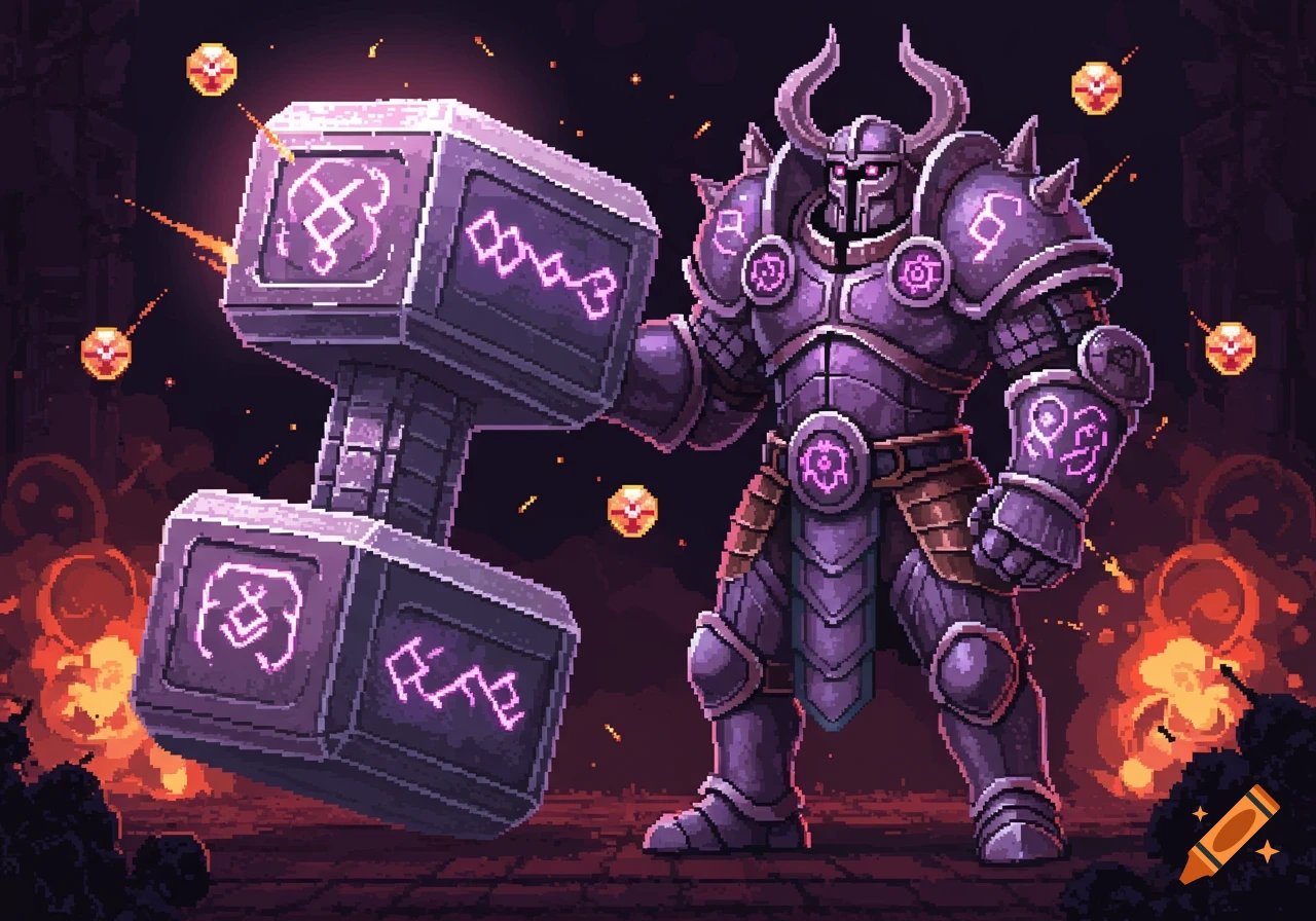 A pixel art armored boss character holds a giant glowing hammer amidst fire and glowing orbs.
