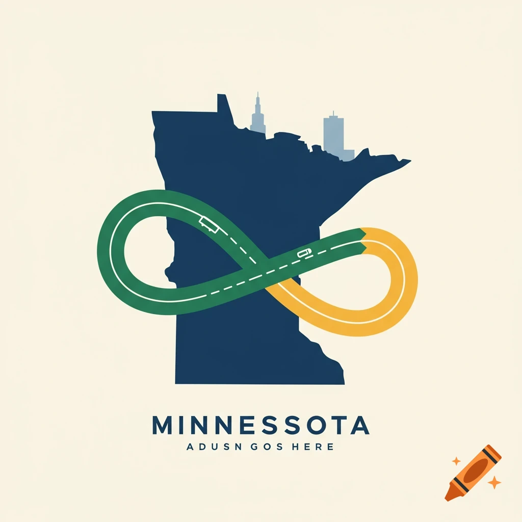 A stylized logo of the Minnesota state silhouette with an infinity road and text below.