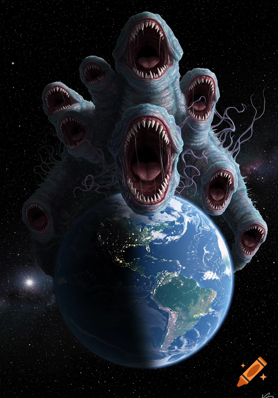 A giant, multi-mouthed blue creature from space surrounds Earth, seemingly consuming it, against a backdrop of stars.