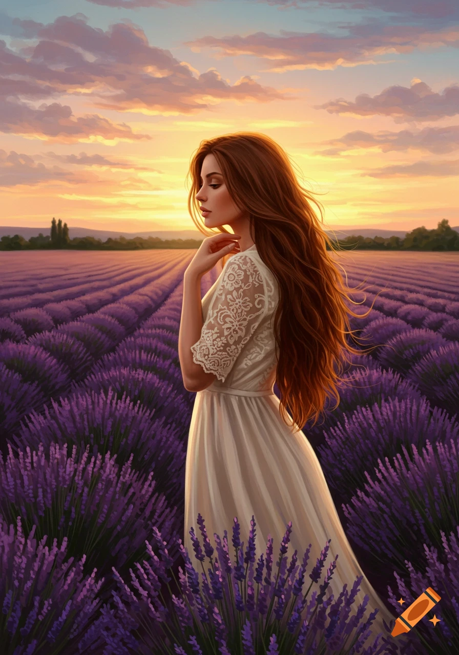 A woman with long flowing hair stands in a vibrant purple lavender field at sunset, looking to the side, in a digital painting style.