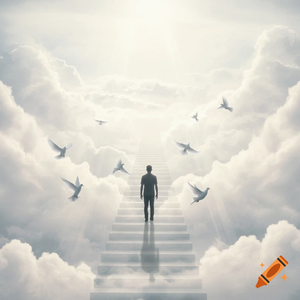 A silhouetted figure walks up ethereal stairs into bright clouds with doves flying around, bathed in divine light.