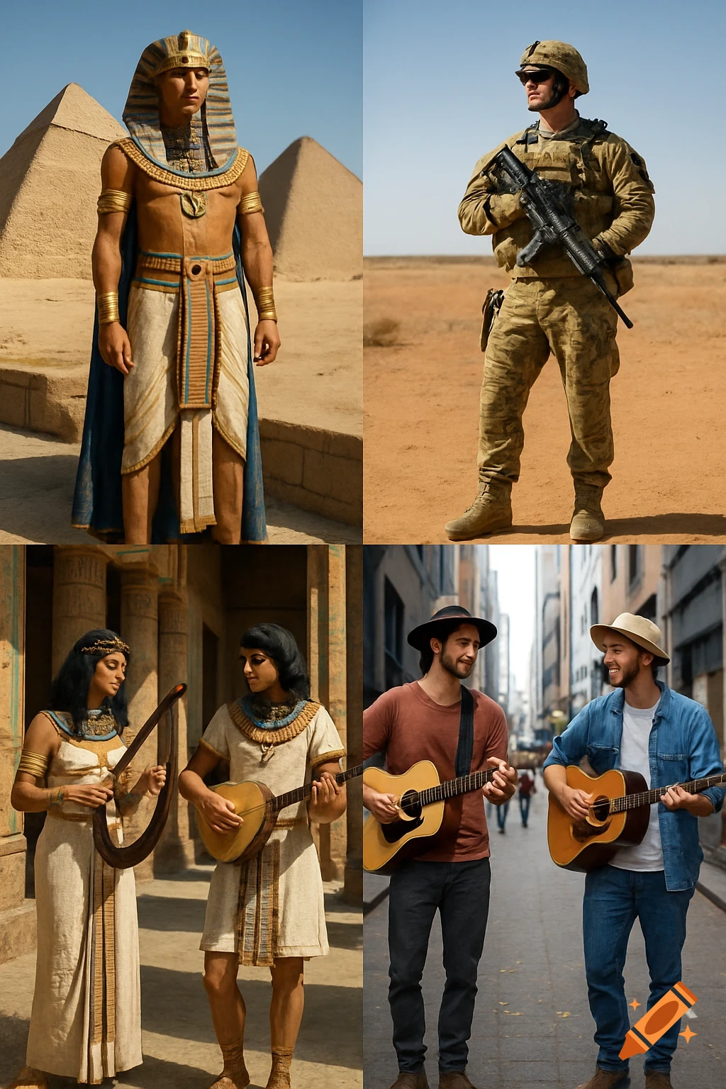 A four-panel image comparing ancient Egyptian and modern attire, featuring a pharaoh, a soldier, ancient musicians, and modern street musicians.