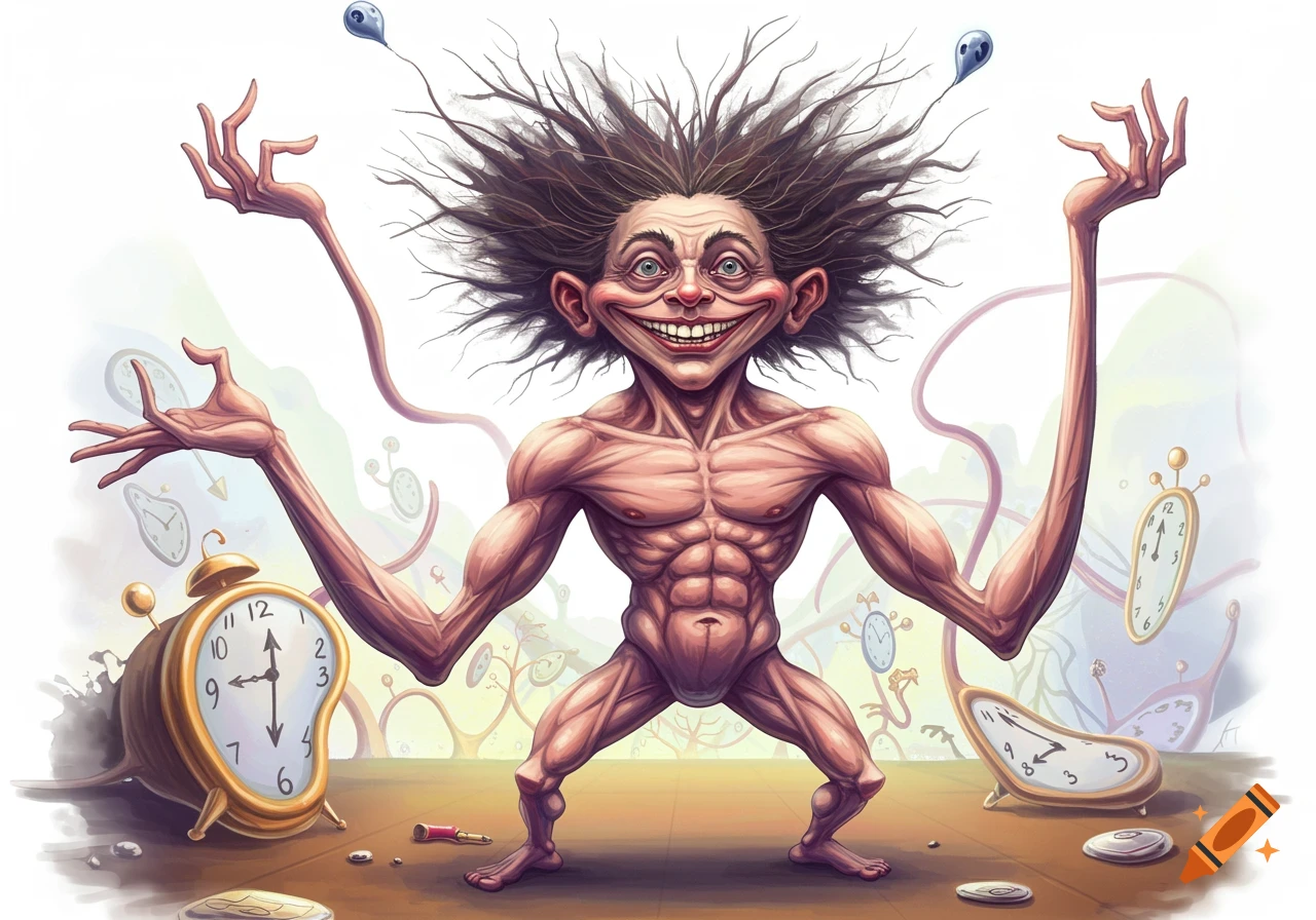 A grotesque, emaciated, muscular human-like figure with wild hair and a wide, smug grin. It has long arms and short legs, standing amidst melting clocks and surreal landscapes.