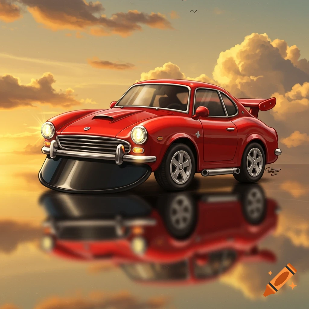 A shiny red cartoon car with a black brim-like base sits on a reflective surface under a vibrant orange and yellow sunset sky.