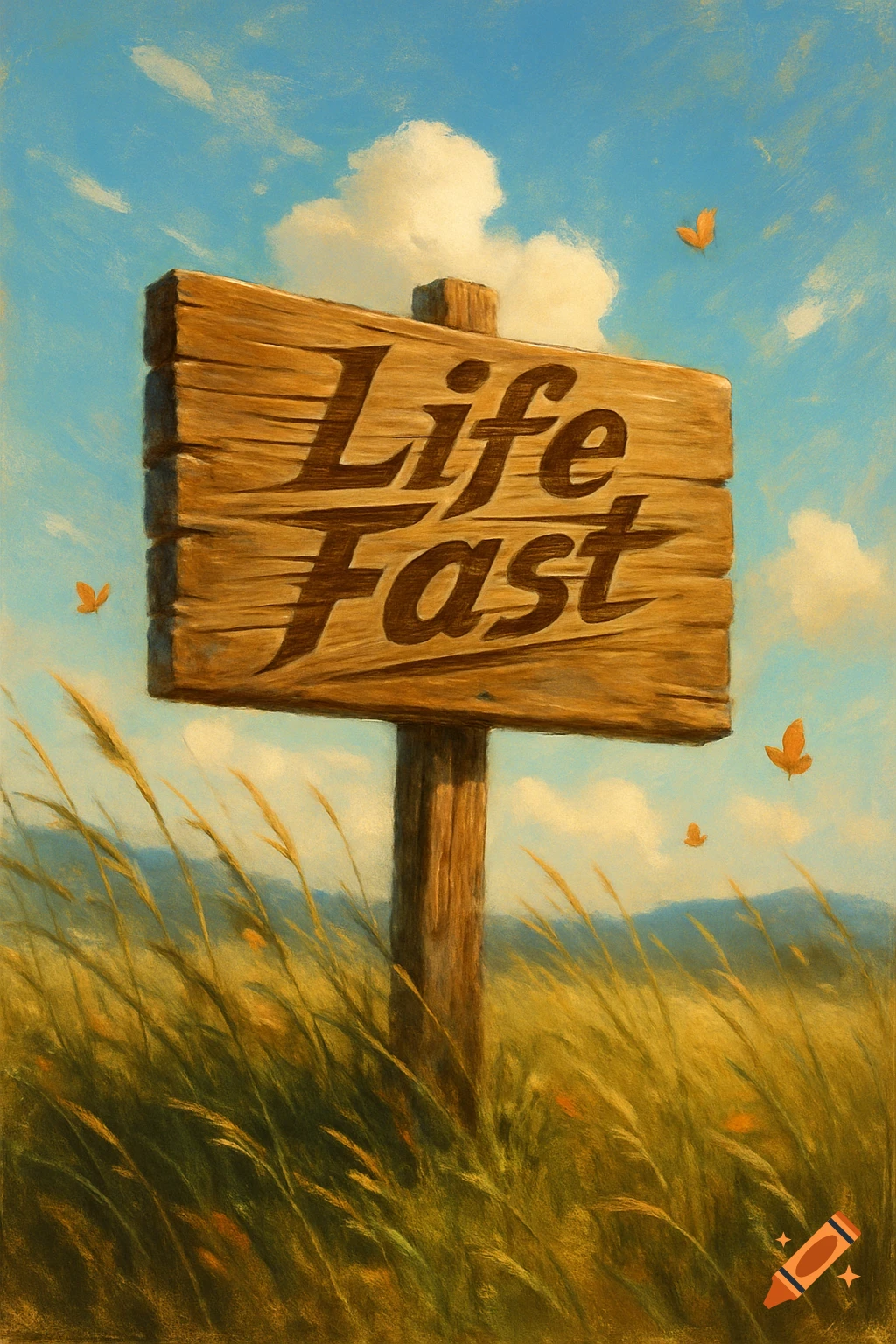 A rustic wooden sign reading "Life Fast" stands in a sunlit field of tall grass under a blue sky with fluffy clouds and falling leaves.