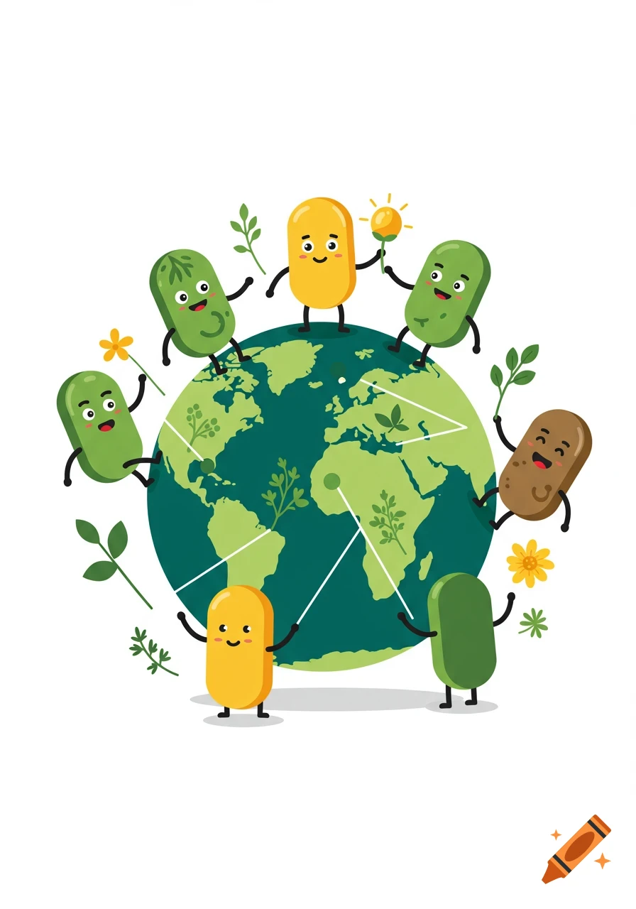 Colorful cartoon characters resembling lozenges hold hands around a green and blue Earth, surrounded by leaves and flowers, in a flat illustration style.