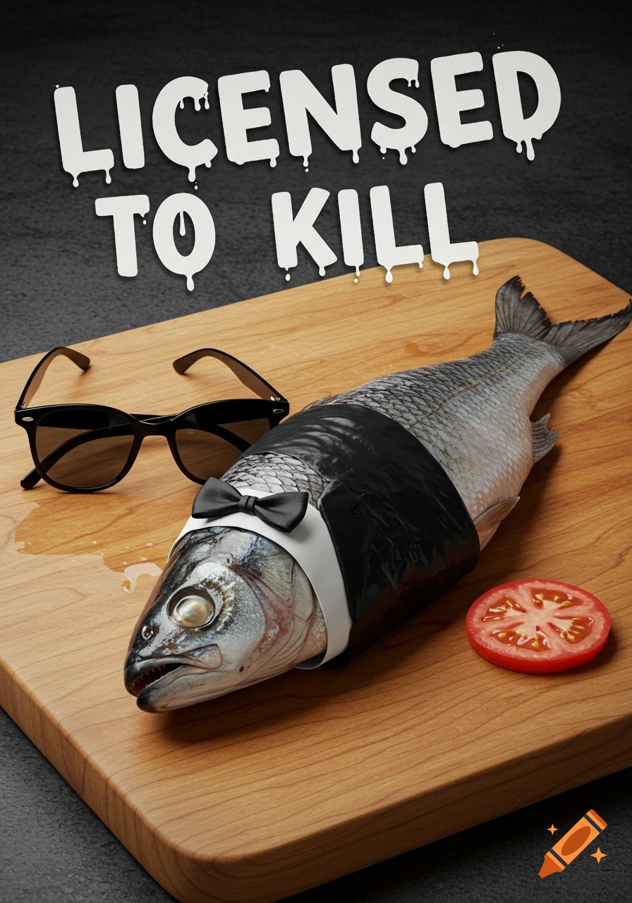 Photorealistic image of a fish in a tuxedo and monocle on a cutting board with sunglasses and a tomato, with 'LICENSED TO KILL' text above.