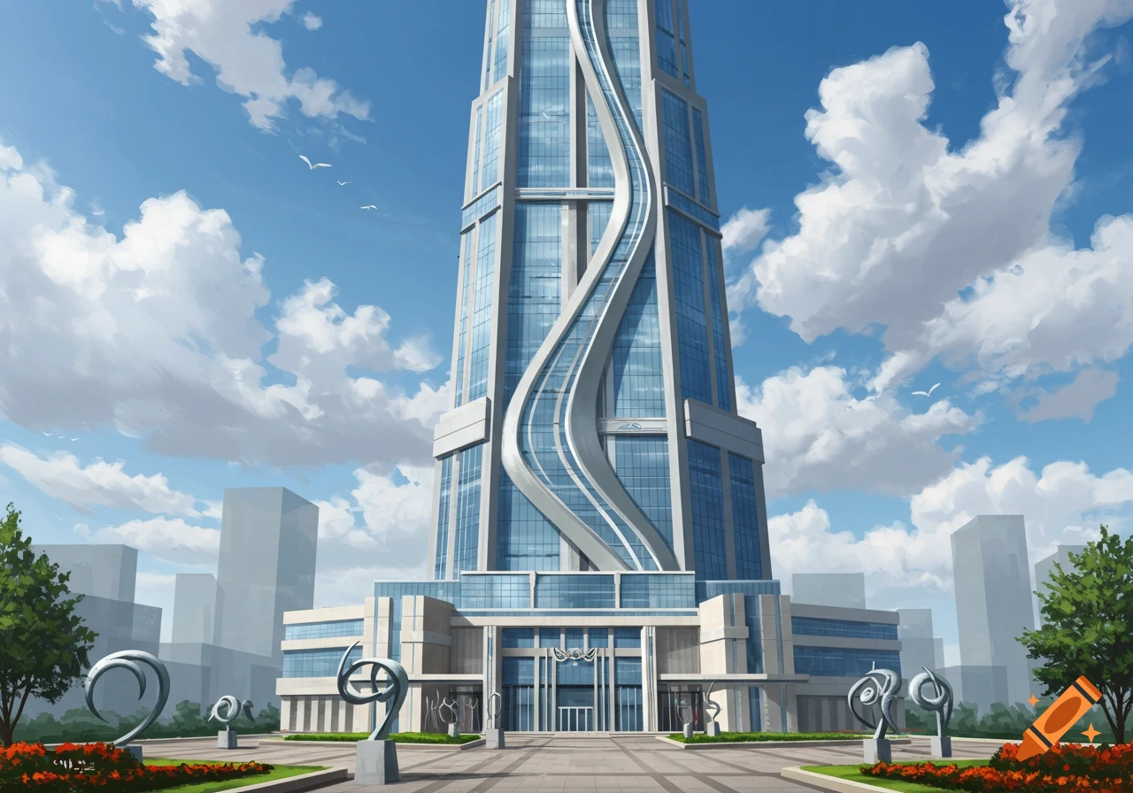 A tall, futuristic skyscraper with a distinctive curved facade stands in a plaza with modern sculptures and trees under a cloudy blue sky.