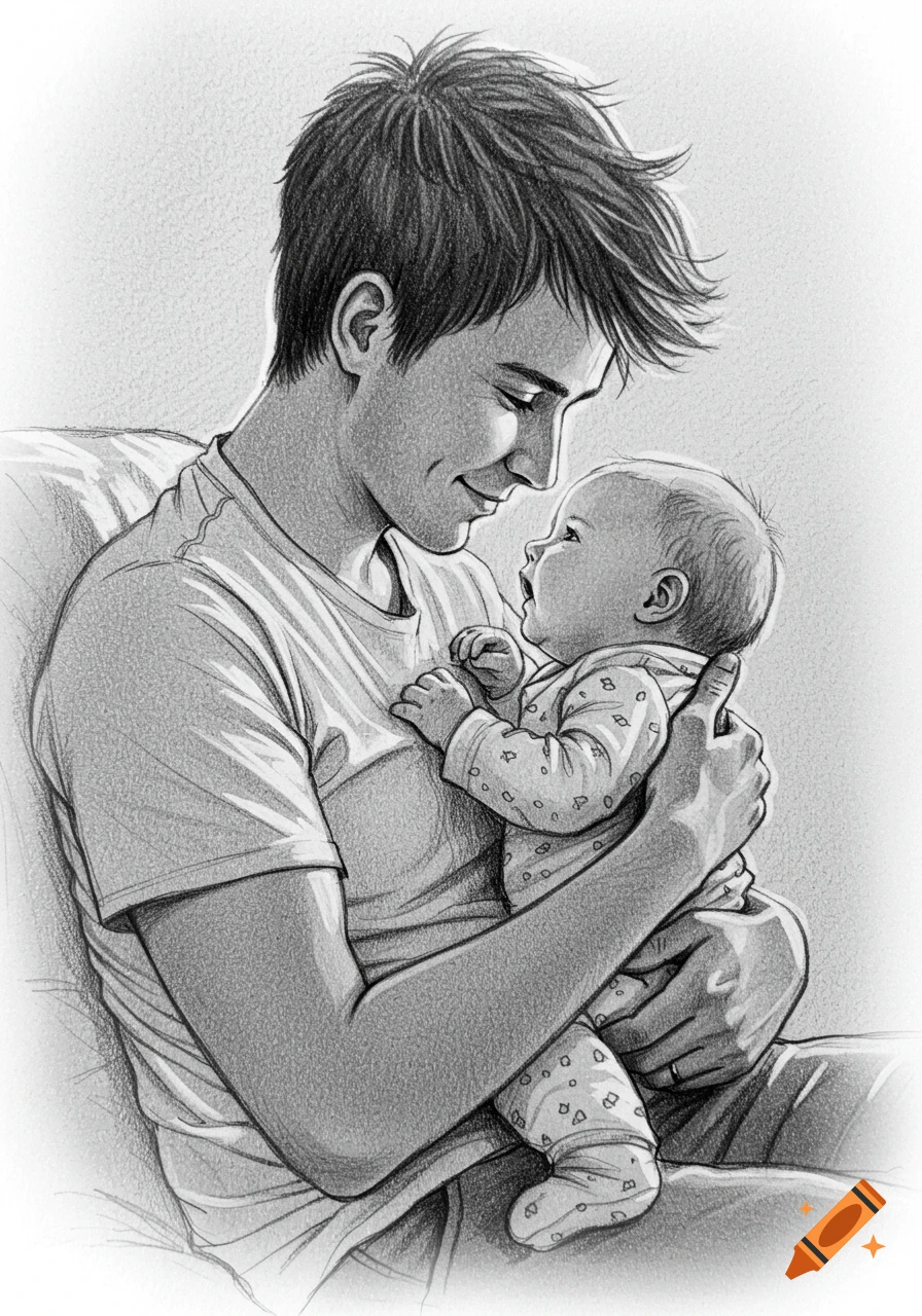 A black and white pencil sketch of a young father holding a baby.