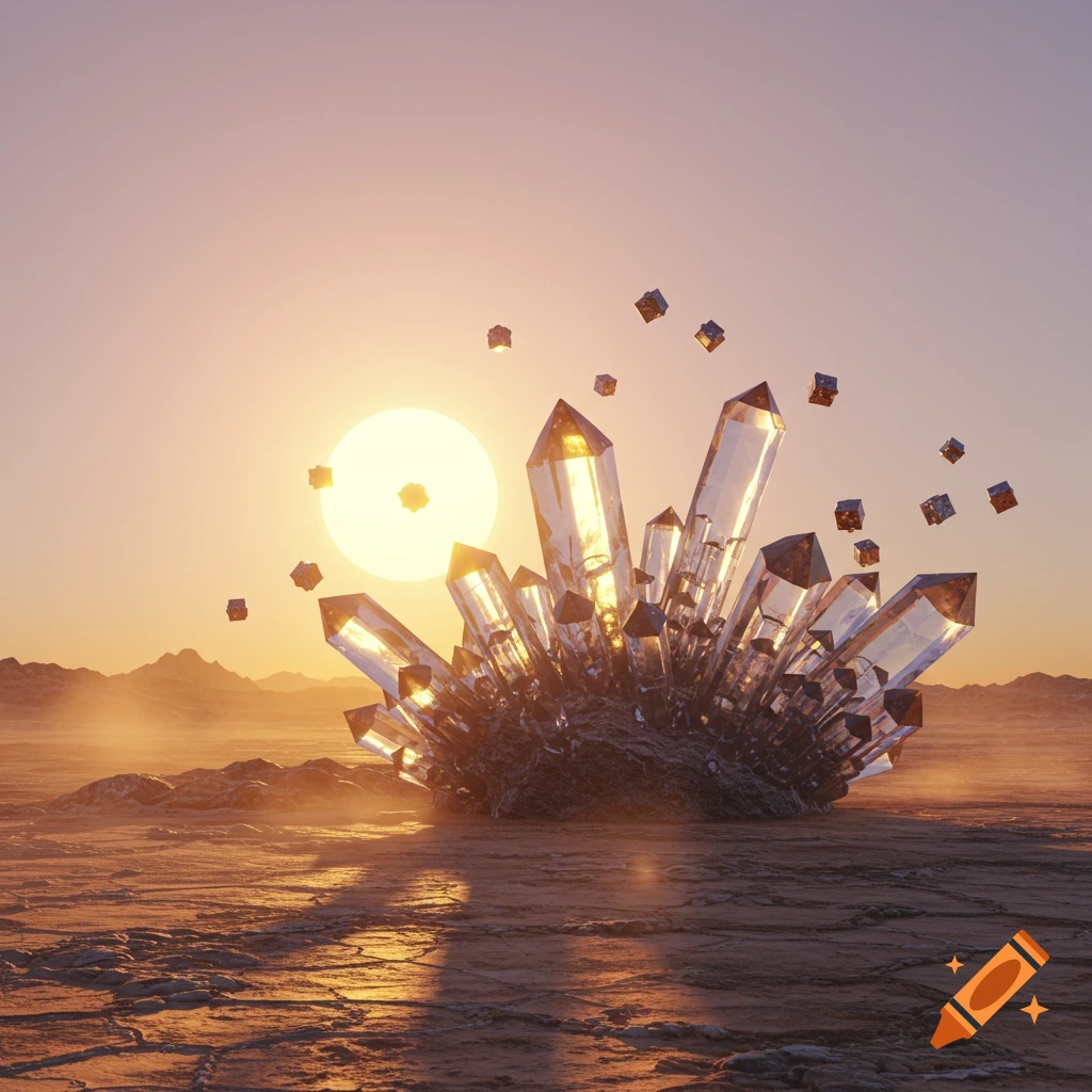 Gleaming crystals on a desolate alien planet at sunset, surrounded by small floating metallic cubes.