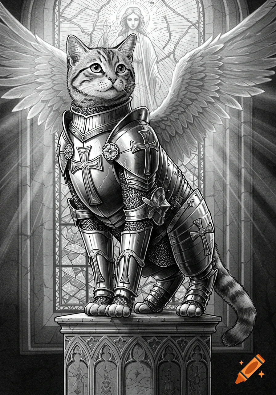 Black and white drawing of a cat in detailed winged fantasy armor with cross symbols, standing on a pedestal in front of a stained-glass window.