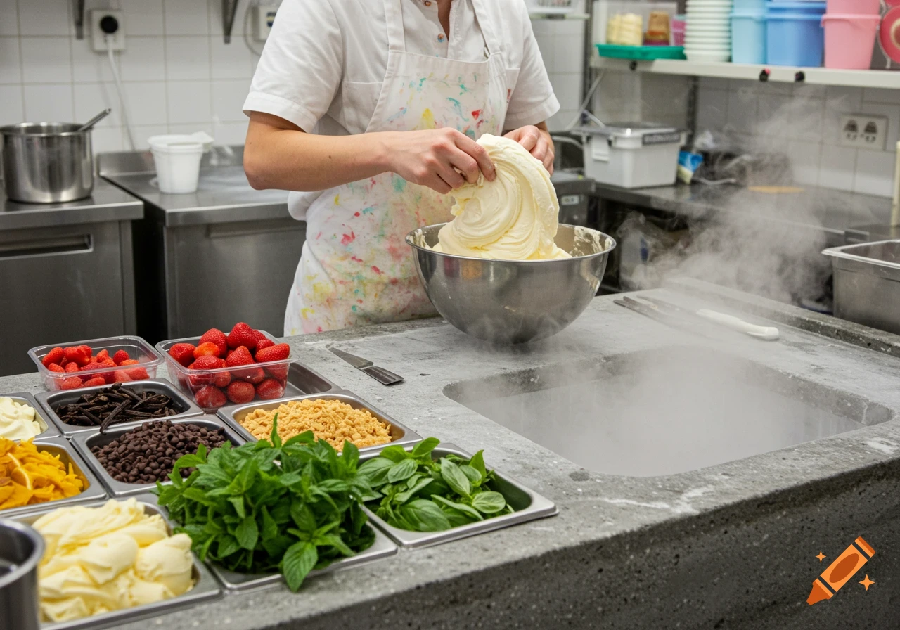 A person scoops creamy ice cream base from a bowl in a professional kitchen, surrounded by ingredients like strawberries, chocolate, and mint.