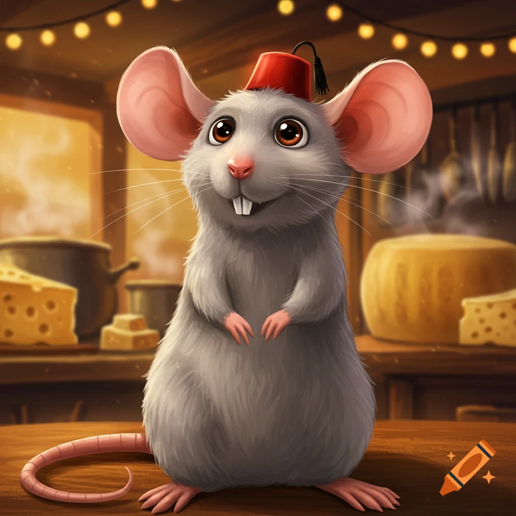 A cute cartoon rat wearing a red fez hat stands on a wooden counter, with cheese in the background.