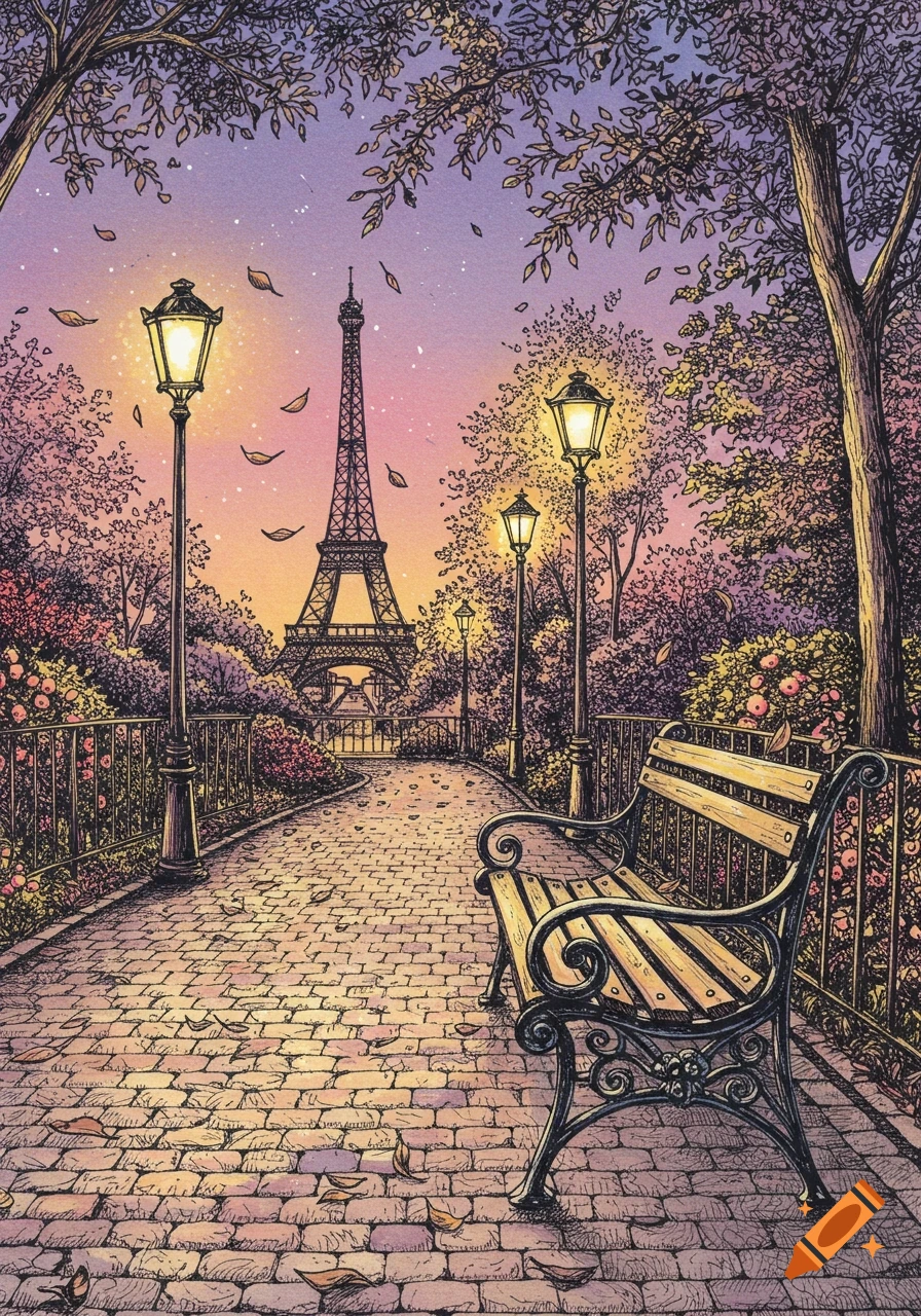An illustrated park scene at twilight with a cobblestone path, a park bench, glowing street lights, and the Eiffel Tower in the background.