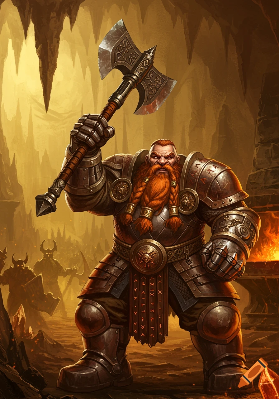 A heavily armored fantasy dwarf with a braided red beard wields a large axe in a cavern with shadowy figures.
