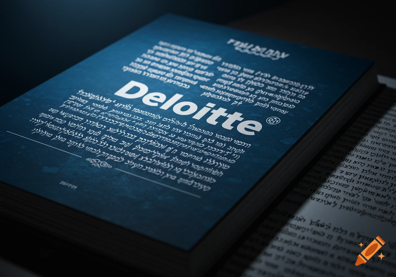 A dark blue book titled 'Deloitte' with Hebrew text on its cover, seen from a high angle in dim light.
