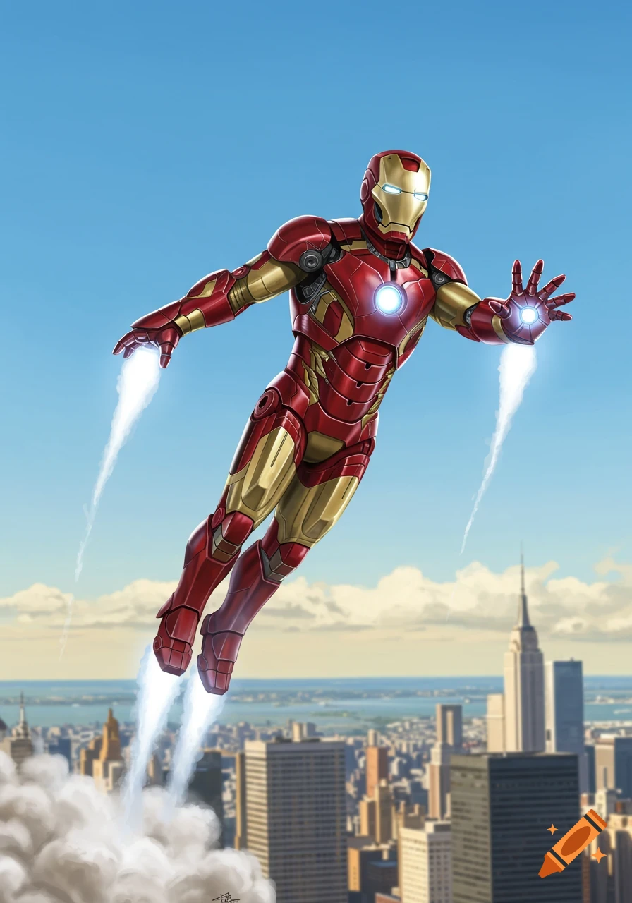 Iron Man flies through the blue sky above a city skyline, with booster flames from his hands and feet, in a vibrant illustration.