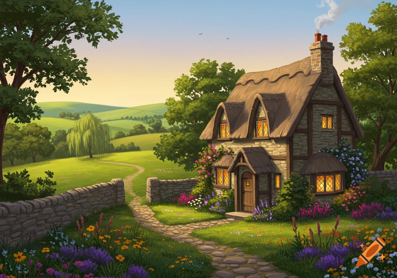A whimsical illustration of a stone cottage with a thatched roof, vibrant flowers, and a winding path in a green countryside.