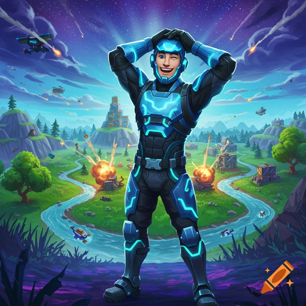 Male character in blue and black futuristic suit winking, rubbing his head in a vibrant, cartoonish landscape with explosions and flying vehicles.
