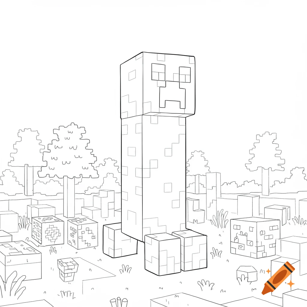 A black and white line art coloring page of a Minecraft Creeper standing in a blocky landscape with trees.