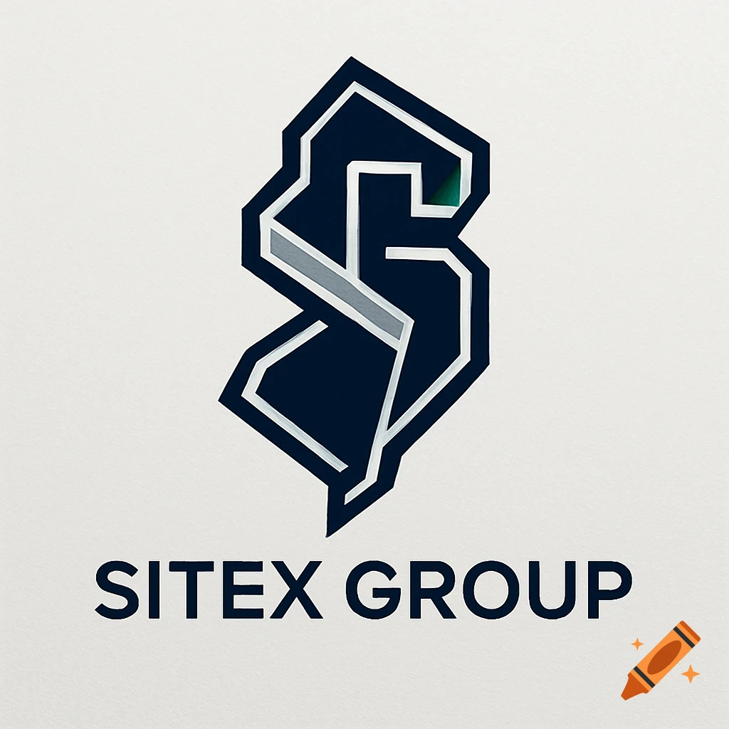 A dark blue abstract logo resembling an 'S' or the outline of New Jersey, with light gray accents, above 'SITEX GROUP' text.