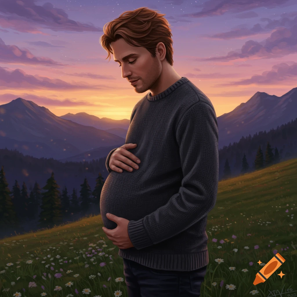 A man with a pregnant belly stands in a wildflower field at sunset, with mountains in the background, in a digital painting style.