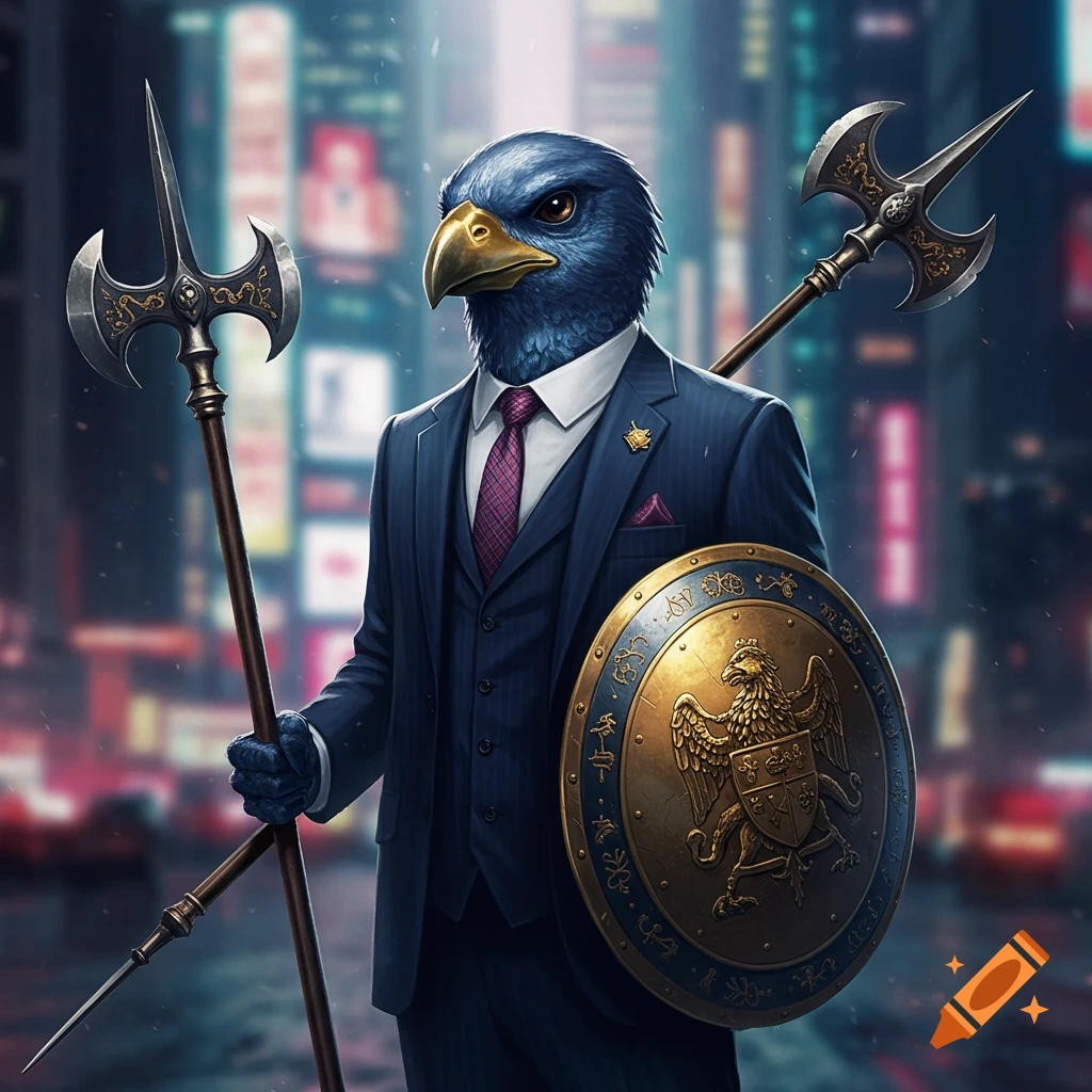 A humanoid blue hawk in a suit holds a halberd and a shield with an eagle emblem in a blurry city.