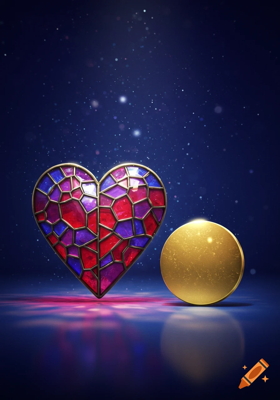 A vibrant stained-glass heart in red and blue next to a textured gold circle on a dark blue, sparkling background with reflections.
