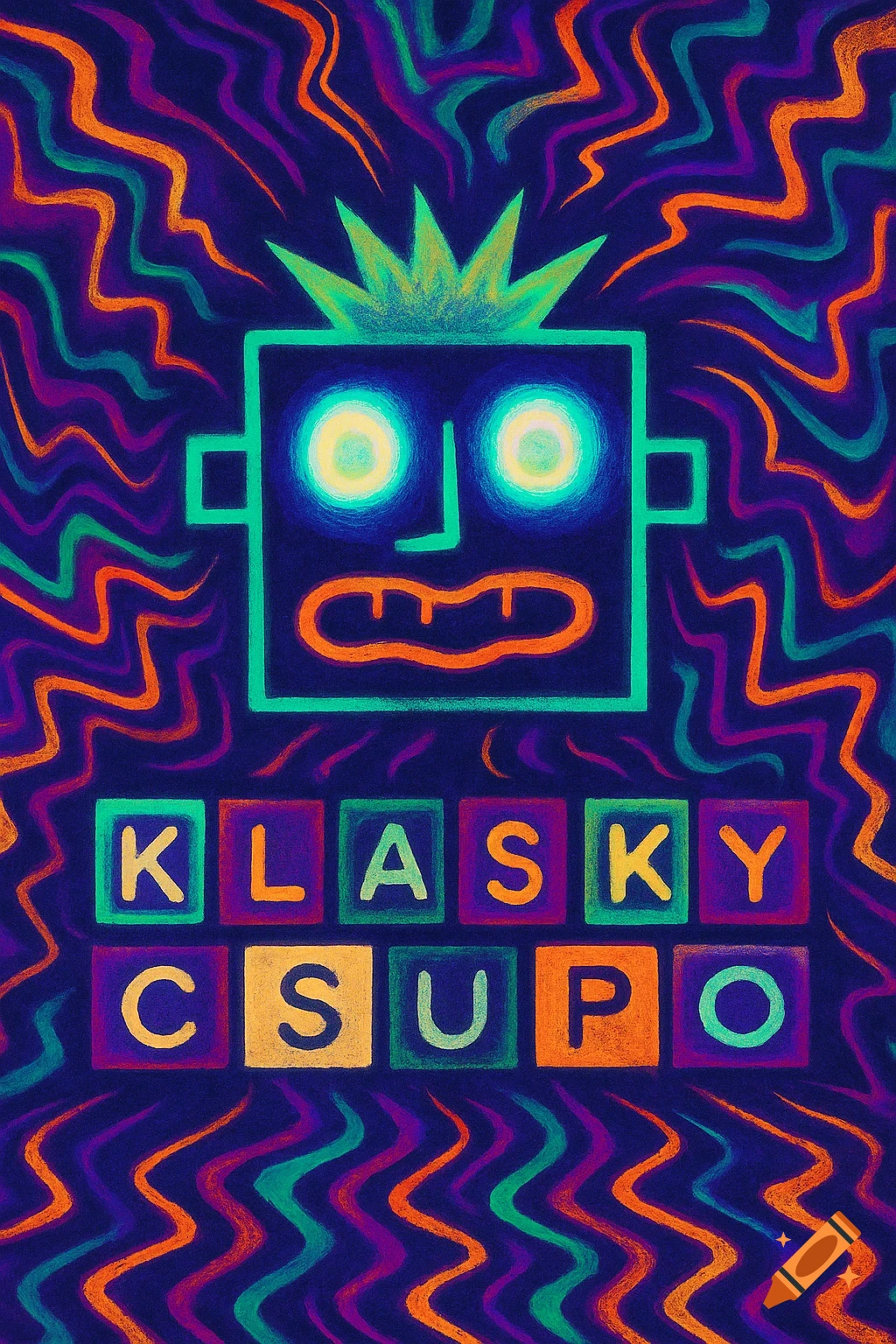 Vibrant abstract digital art of a neon robot face with glowing eyes and spiky hair, with KLASKY CSUPO spelled out below in colorful blocks on a wavy background.