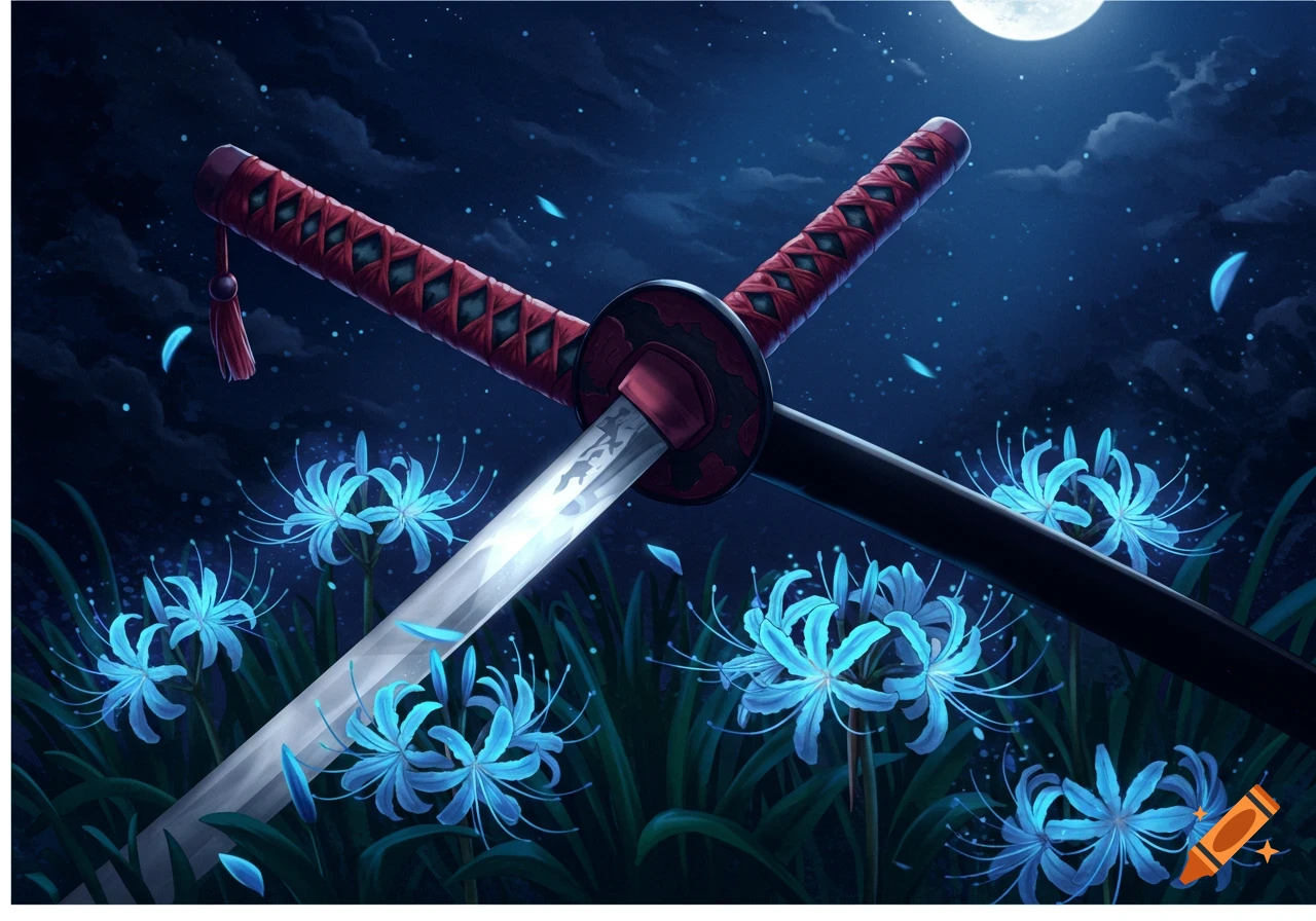 Two katanas, one with a red hilt, crossed in a field of glowing blue spider lilies under a full moon, anime style.