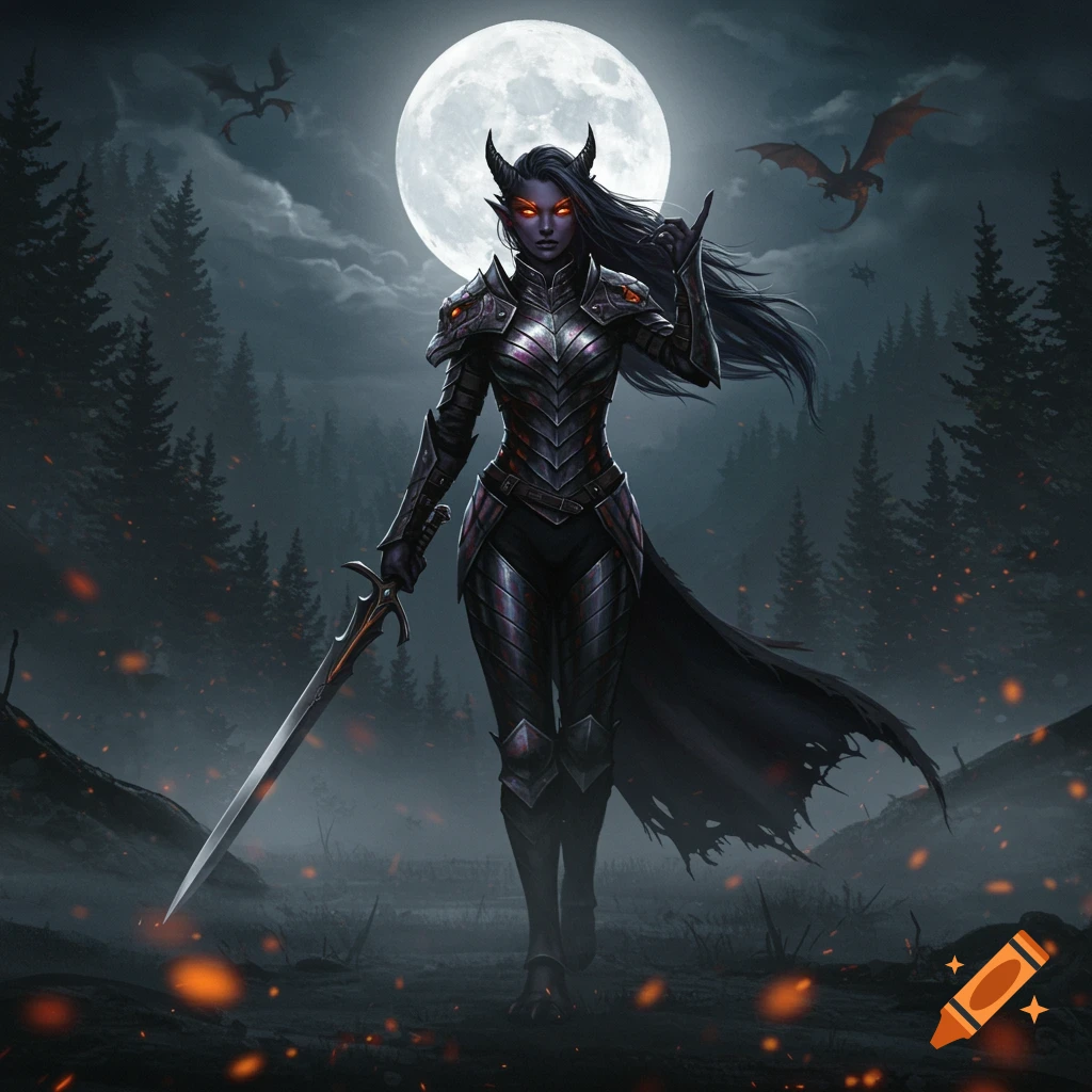 A dark fantasy warrior woman with horns and glowing eyes in elaborate armor holds a sword in a moonlit forest with dragons flying overhead.