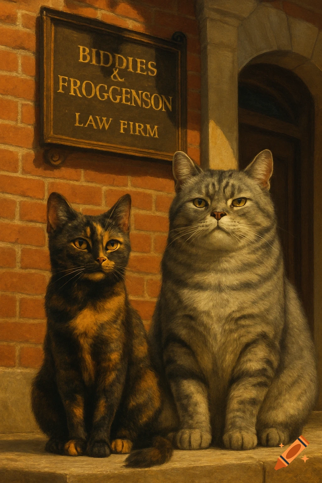 A tortie cat and a gray tabby cat sitting proudly in front of a brick building with a sign for 'Biddies & Froggenson Law Firm'.