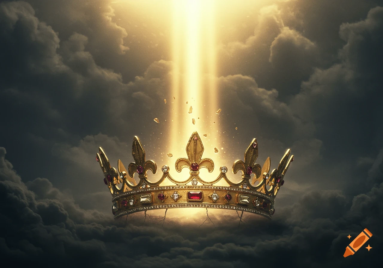 A golden crown with red and white jewels, appearing to crack and break apart, is illuminated by a strong golden light beam from above, set against a dramatic stormy sky with dark clouds below.