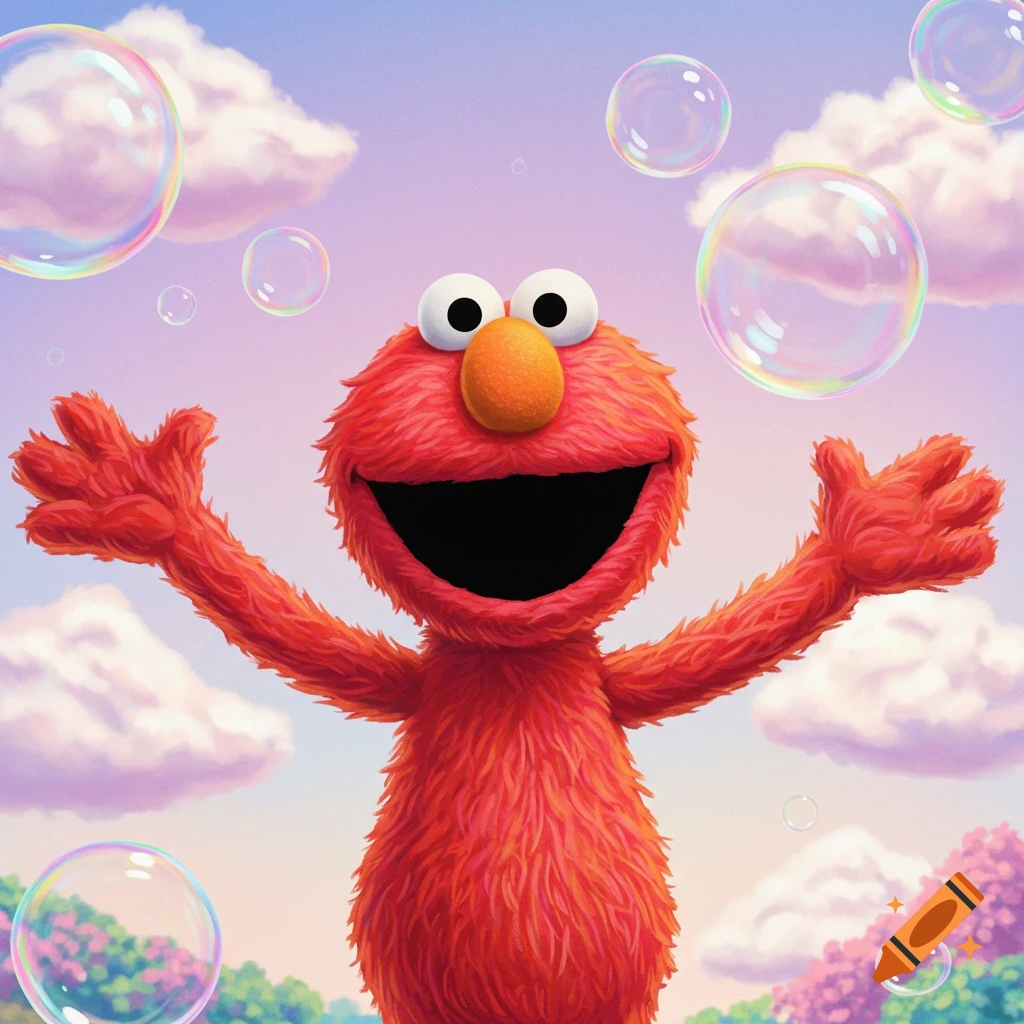 Elmo with a wide smile and arms outstretched, surrounded by bubbles against a pastel sky with clouds and trees.