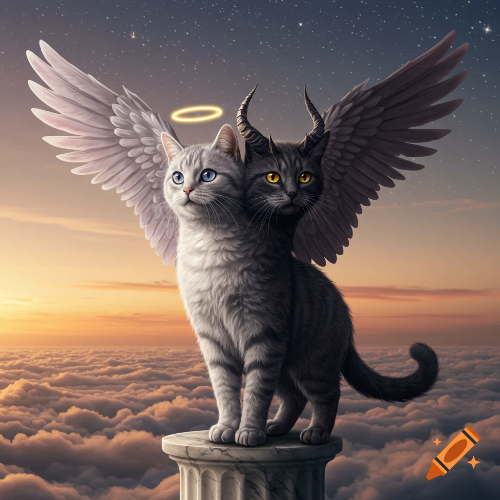 A photorealistic two-headed cat, one angelic with a halo, one demonic with horns, on a pillar above clouds at sunset.