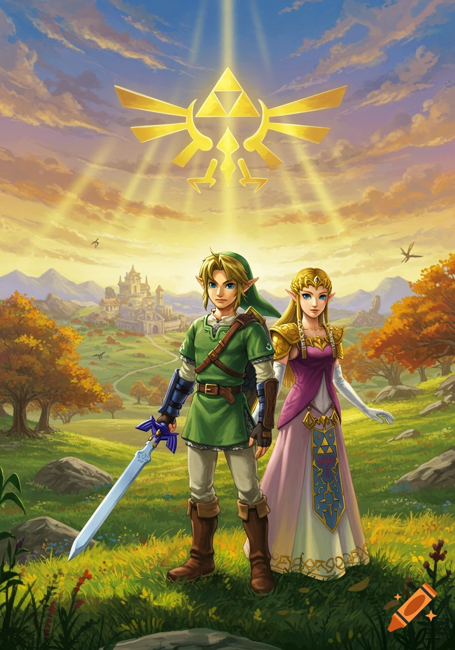 Link and Zelda stand in a vibrant, sunlit fantasy landscape with a castle and Triforce in the sky.