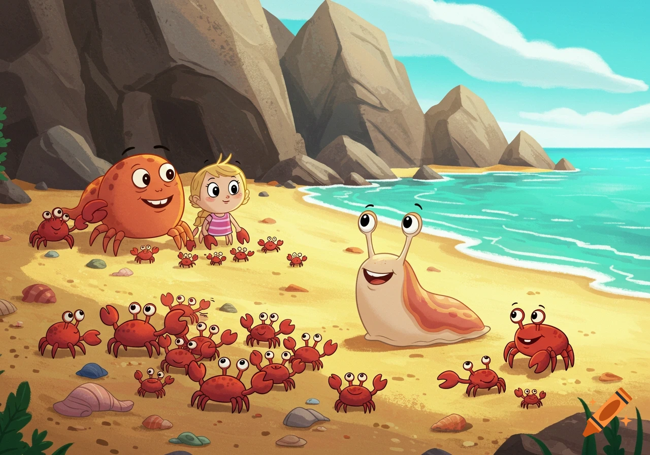 A happy cartoon slug, a girl, and many crabs on a sunny beach with large rocks and blue ocean.