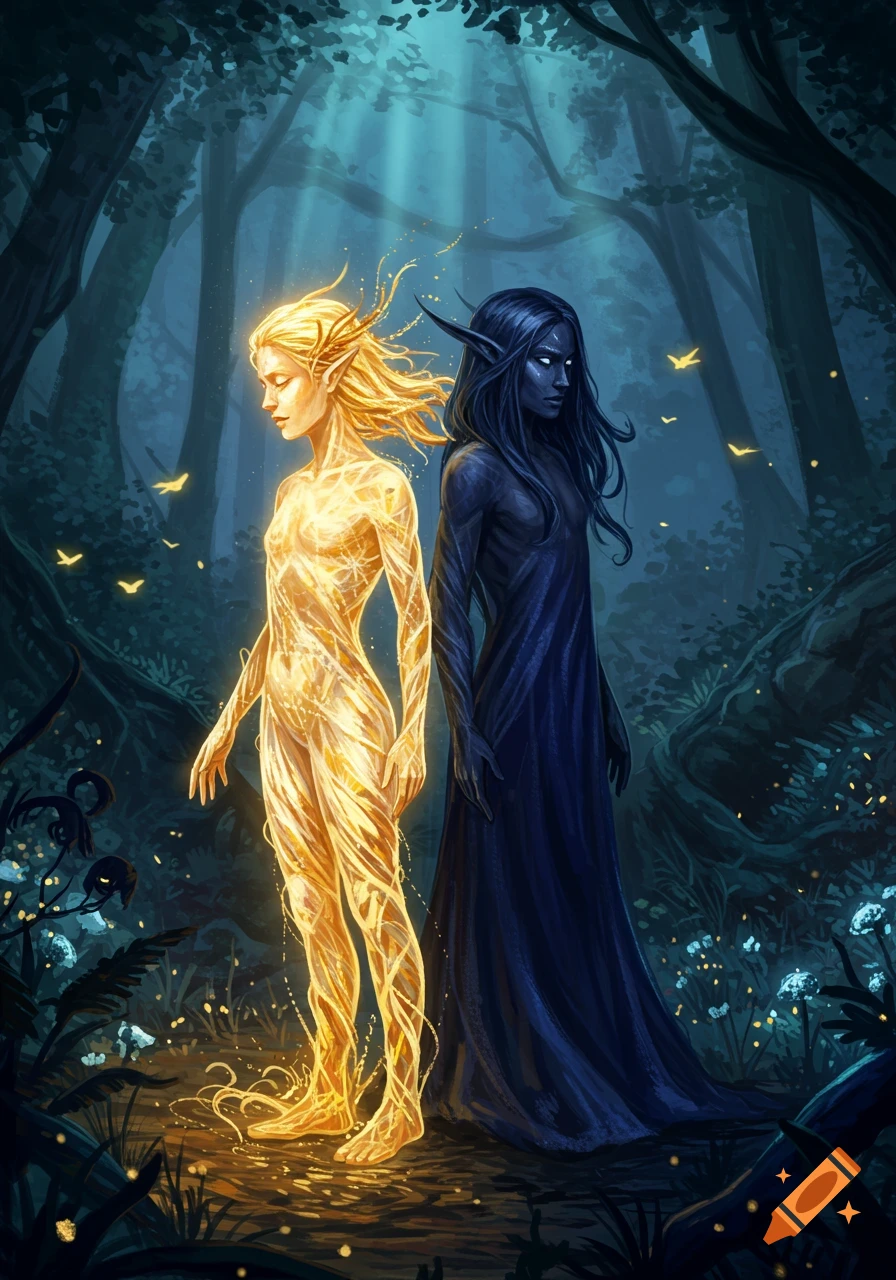 Two ethereal figures, one golden glowing and one dark blue, stand back-to-back in a mystical, moonlit forest, in a fantasy art style.