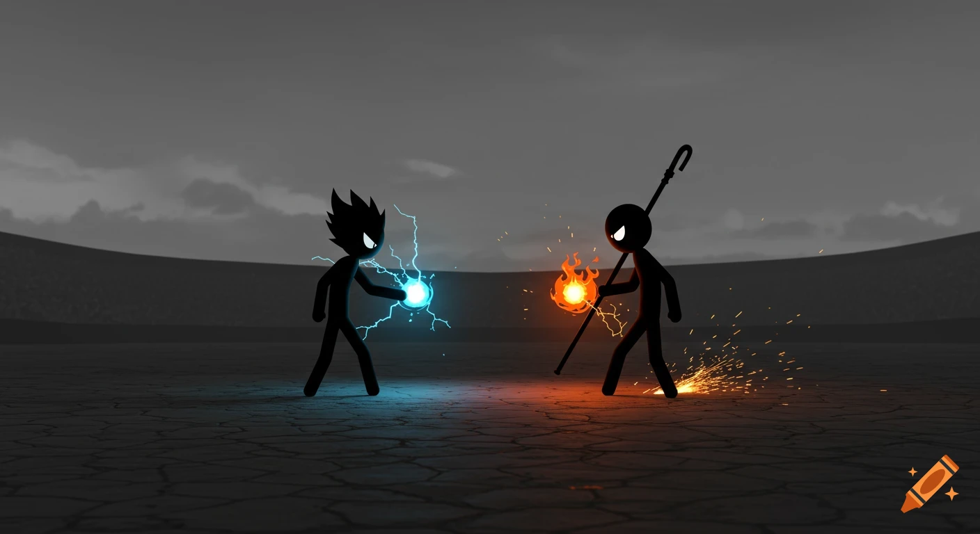 Two stick figures, one with blue lightning and spiky hair, one with orange fire and a staff, face off in a desolate arena.