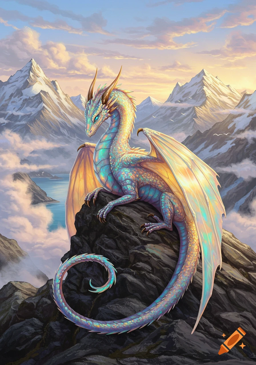 An iridescent opal dragon with large wings sits on a rocky mountain peak overlooking a lake at sunset, surrounded by clouds.