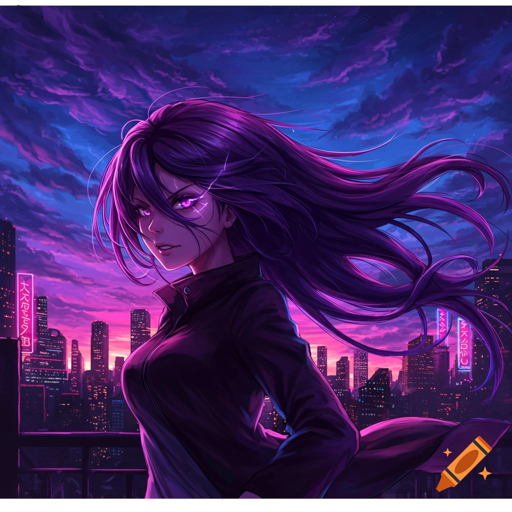 Anime girl with purple hair and glowing eyes on a rooftop overlooking a neon-lit city at dusk.