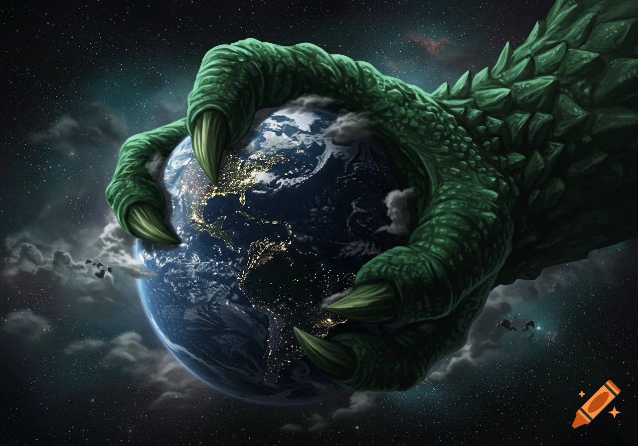 A massive green reptilian hand grips the Earth in space, illuminated by city lights.