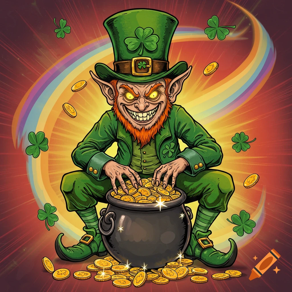 An evil leprechaun with glowing eyes and sharp teeth, crouching over a pot overflowing with gold coins, against a vibrant background with a rainbow and shamrocks in a cartoon style.