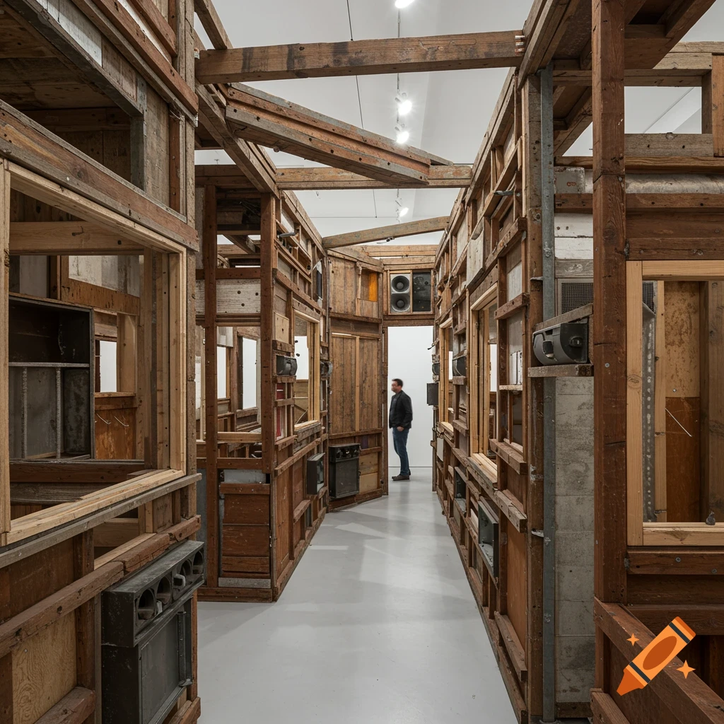 A person stands in a modern art installation made of salvaged wood panels and metal scraps, resembling a deconstructed dwelling in a white gallery.