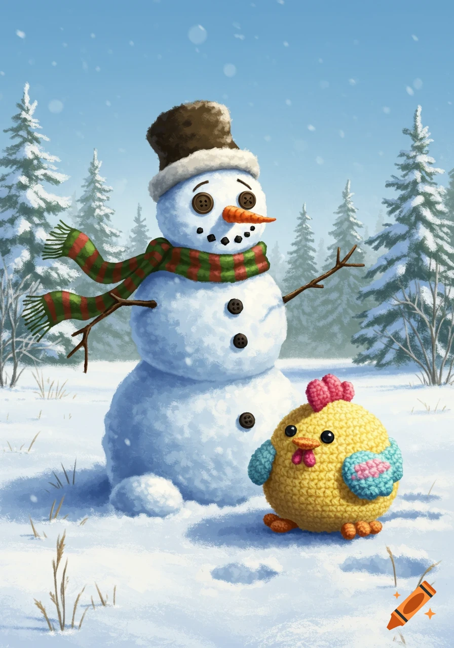 A snowman wearing a brown top hat and green and red striped scarf stands in a snowy forest next to a round yellow crochet chicken.