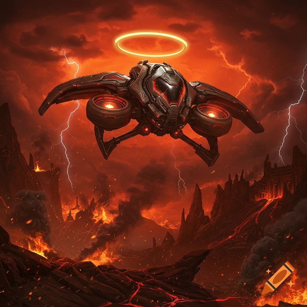 A menacing metallic drone with a glowing halo flies over a fiery, volcanic landscape with lightning.