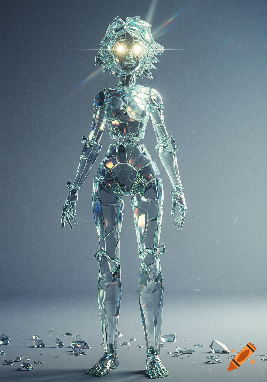 A full-body digital art rendering of a woman composed of shattered glass, with glowing eyes, standing in a grey void.